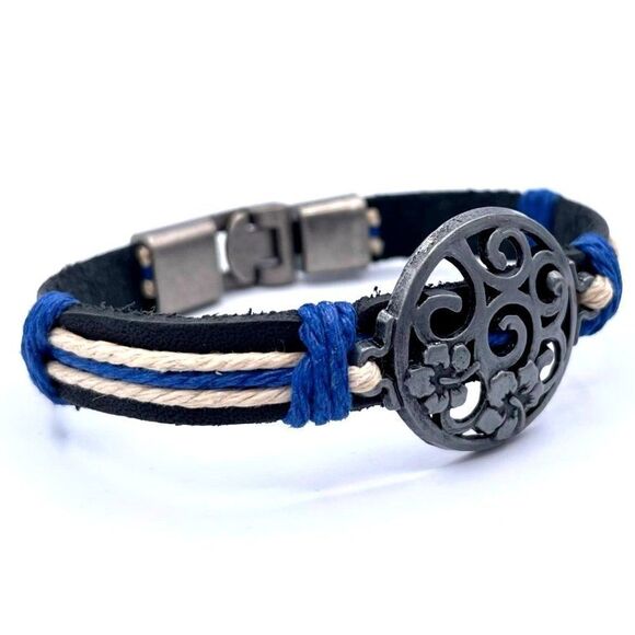 Black Faux Leather with Hemp Cord and Silver Hibiscus Boho Bracelet - Picture 2 of 8